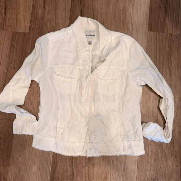 New Tommy Bahama White Frayed Hem Jean Jacket - Picture 3 of 5